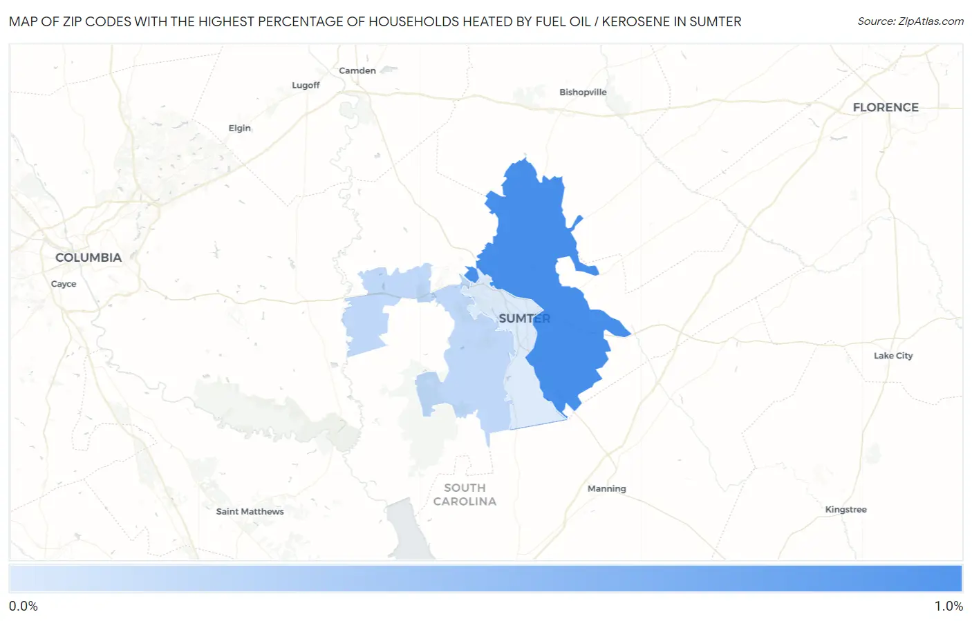 Zip Codes with the Highest Percentage of Households Heated by Fuel Oil / Kerosene in Sumter Map