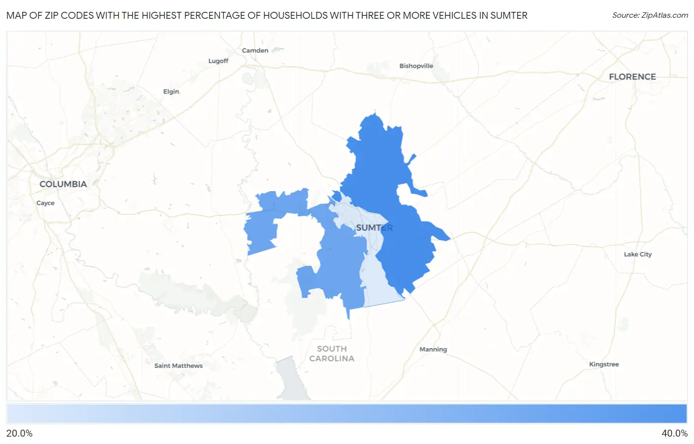 Zip Codes with the Highest Percentage of Households With Three or more Vehicles in Sumter Map