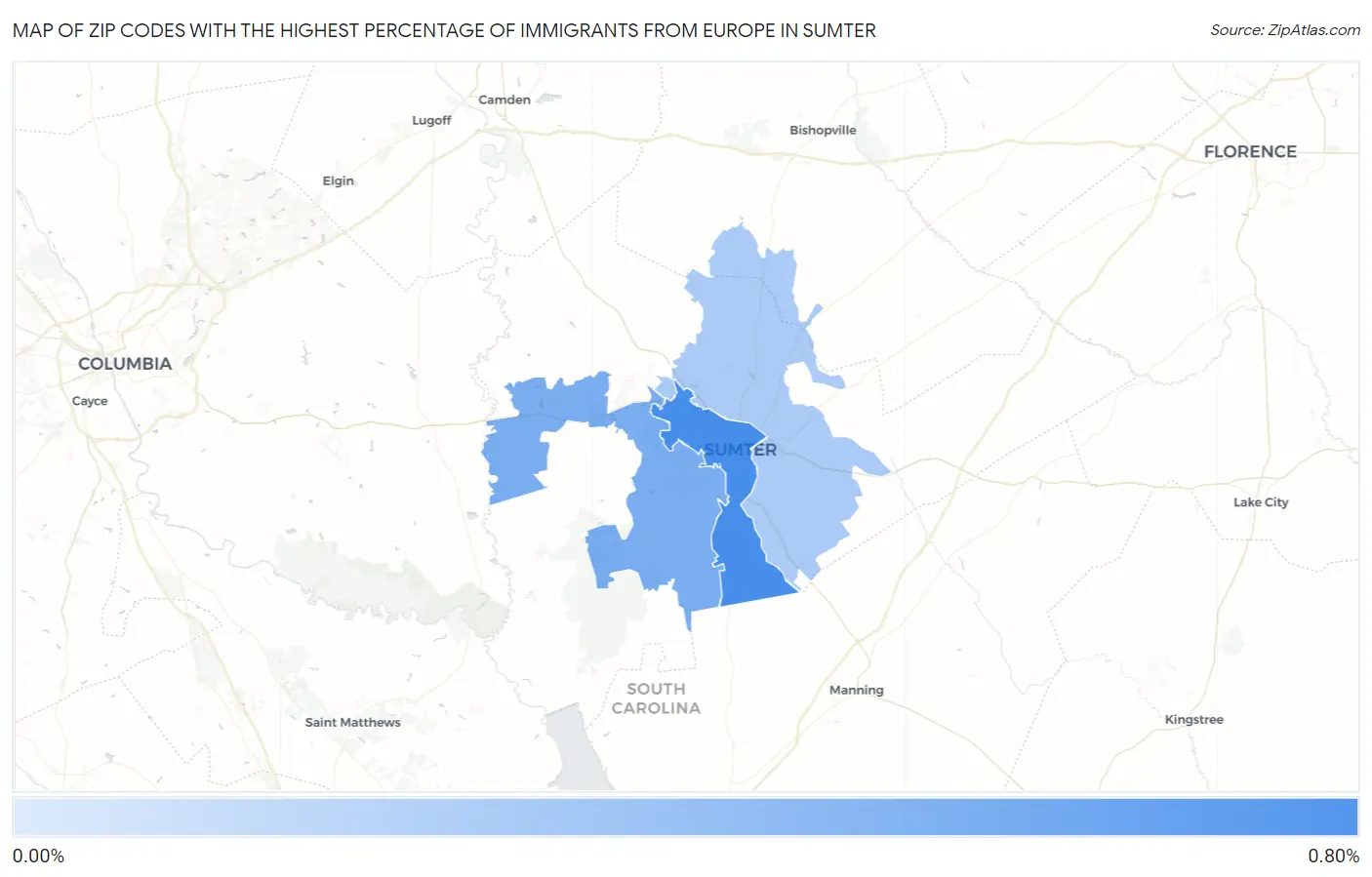 Zip Codes with the Highest Percentage of Immigrants from Europe in Sumter Map