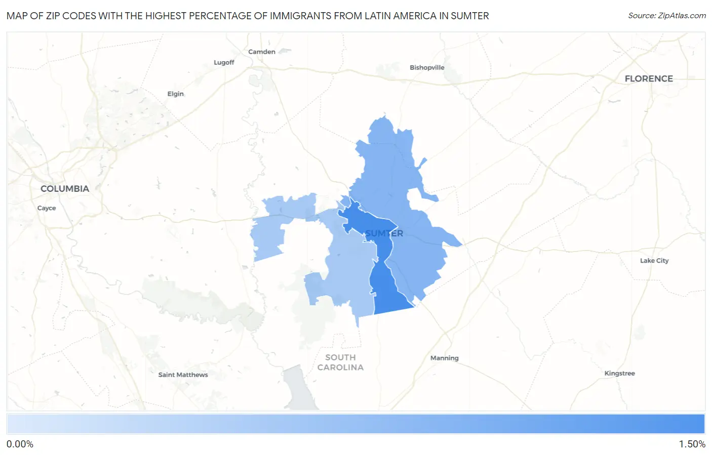 Zip Codes with the Highest Percentage of Immigrants from Latin America in Sumter Map