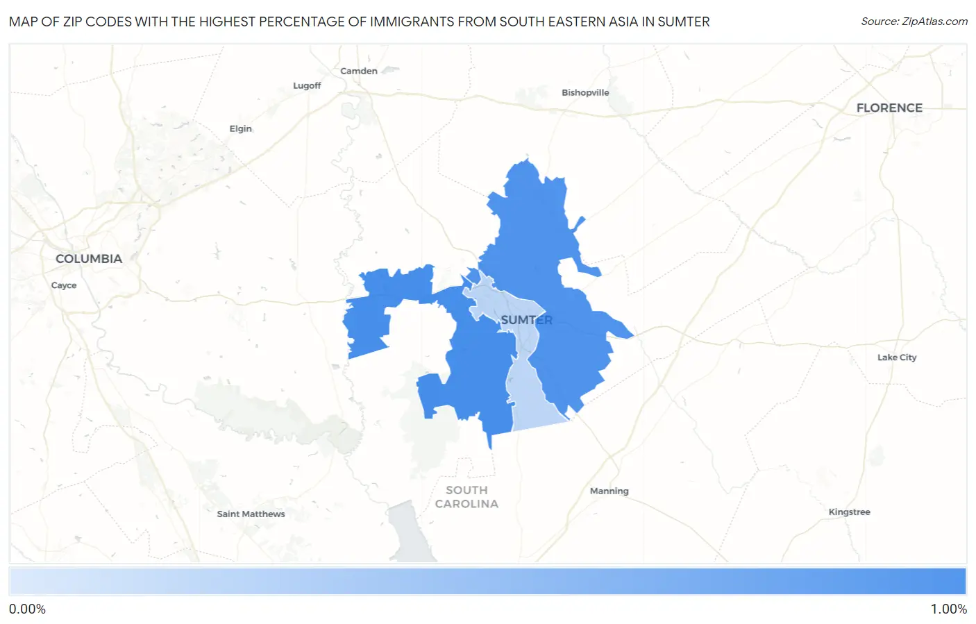 Zip Codes with the Highest Percentage of Immigrants from South Eastern Asia in Sumter Map