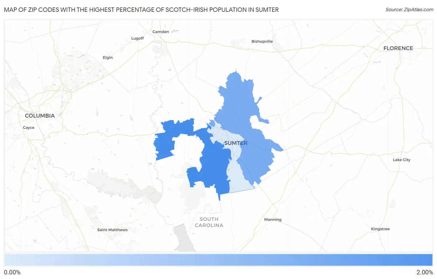 Zip Codes with the Highest Percentage of Scotch-Irish Population in Sumter Map