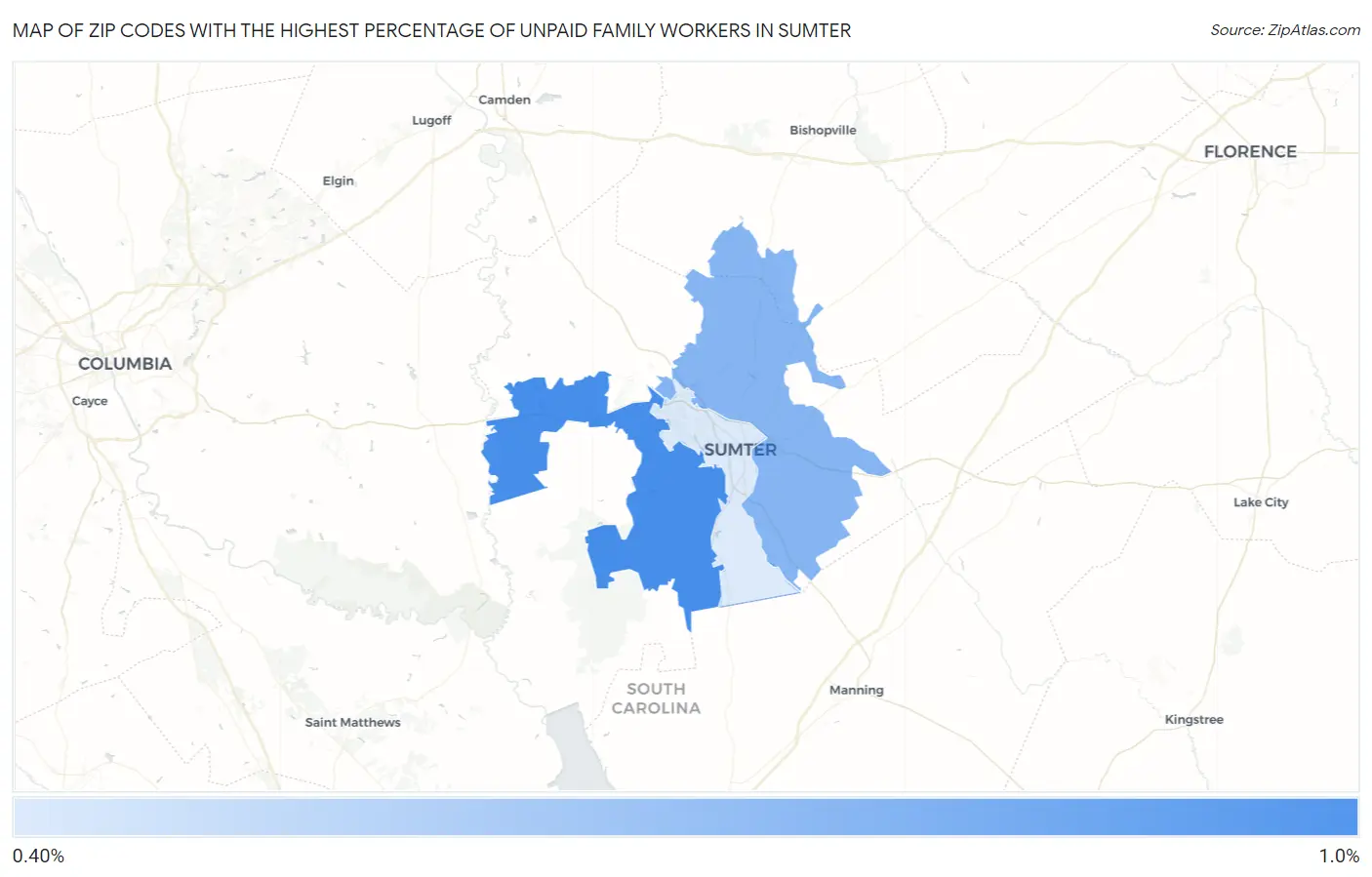 Zip Codes with the Highest Percentage of Unpaid Family Workers in Sumter Map