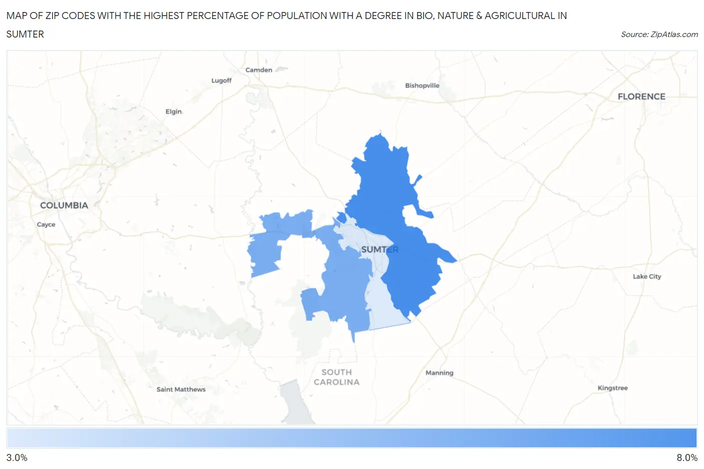 Zip Codes with the Highest Percentage of Population with a Degree in Bio, Nature & Agricultural in Sumter Map