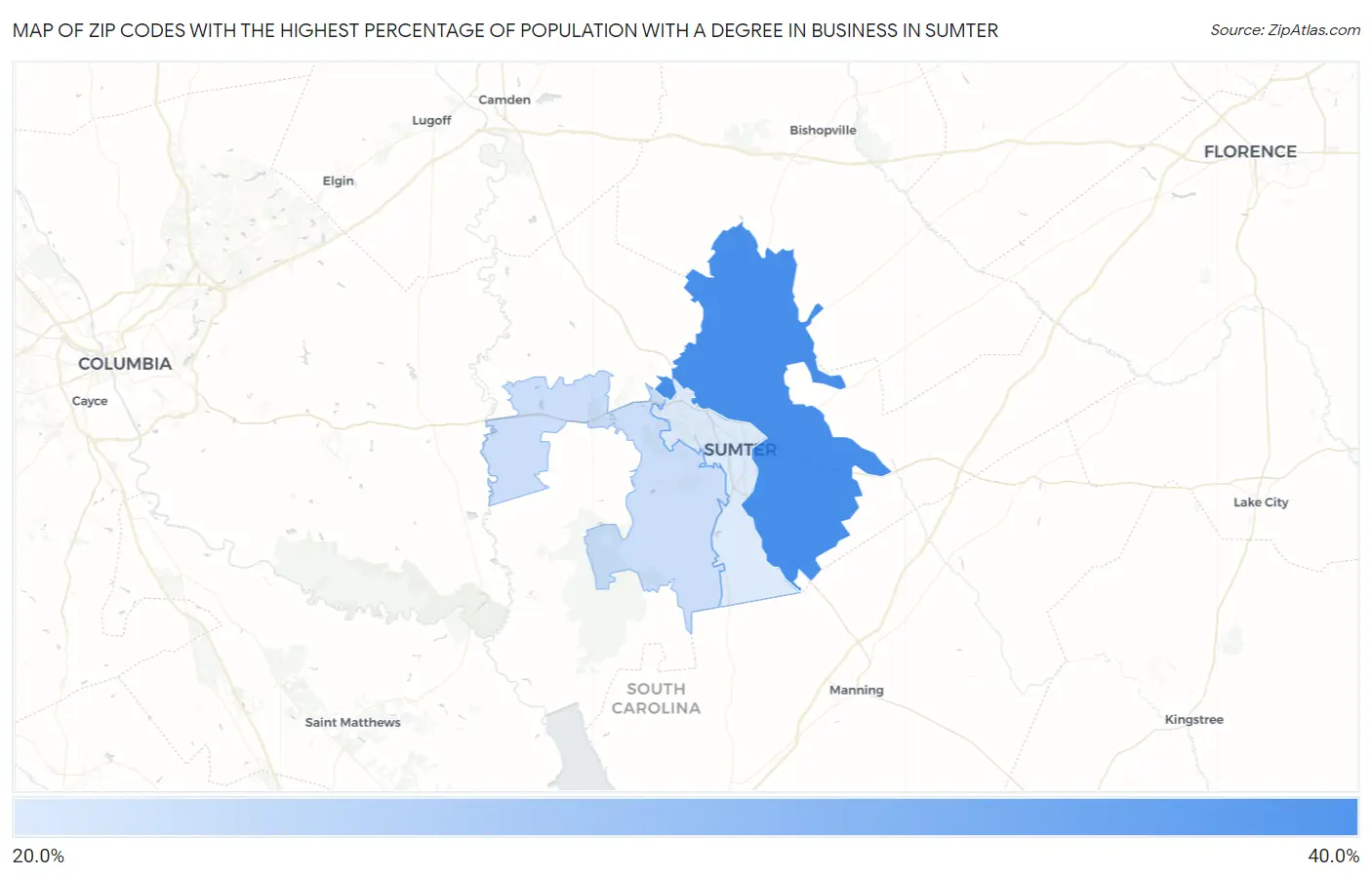 Zip Codes with the Highest Percentage of Population with a Degree in Business in Sumter Map