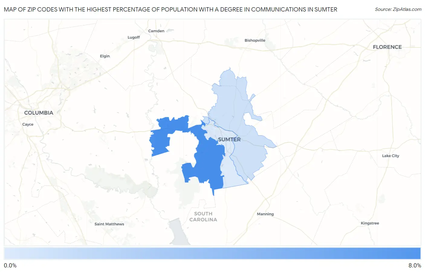 Zip Codes with the Highest Percentage of Population with a Degree in Communications in Sumter Map