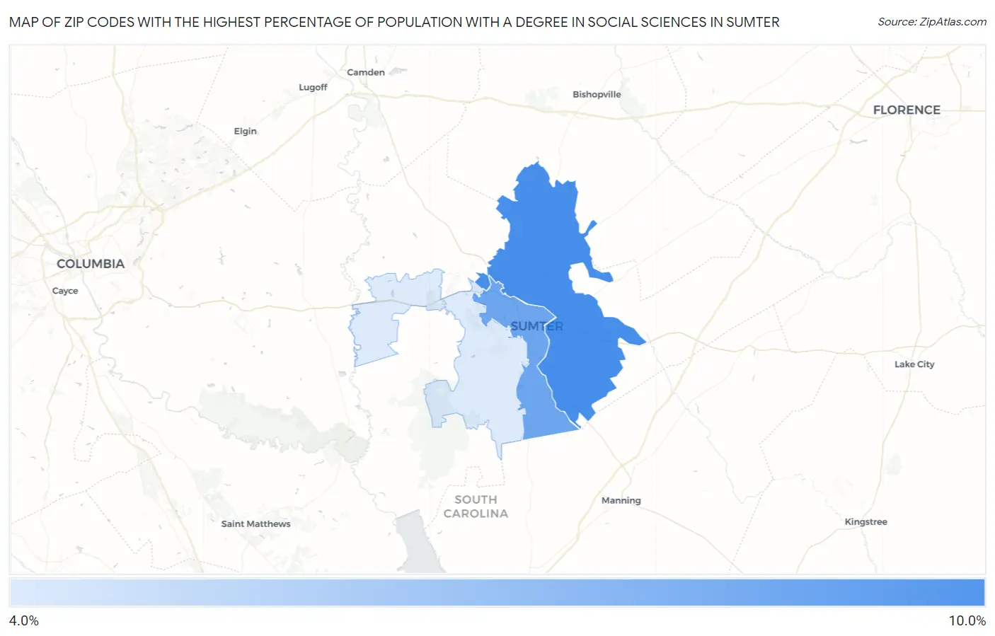 Zip Codes with the Highest Percentage of Population with a Degree in Social Sciences in Sumter Map