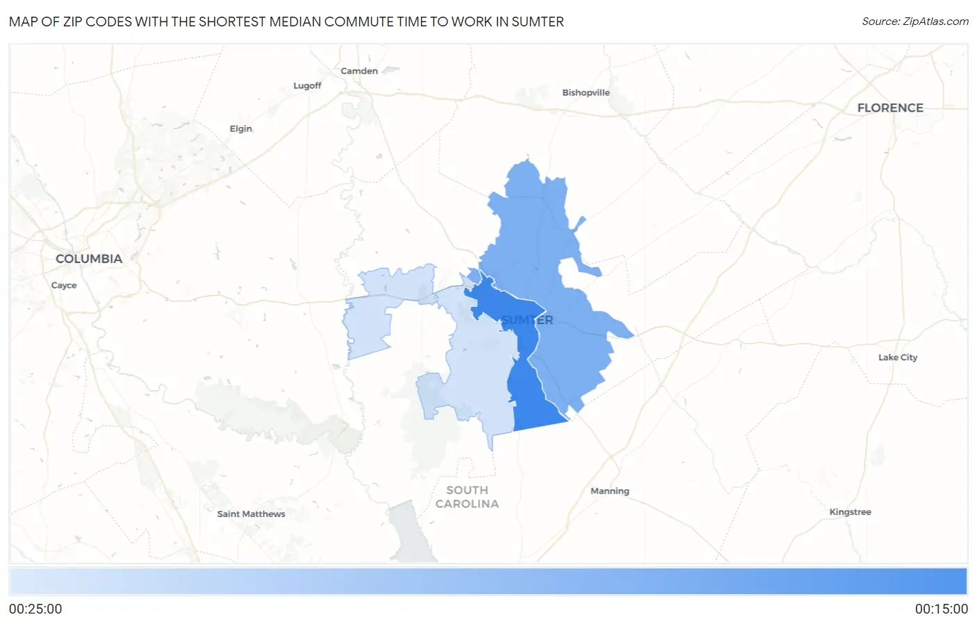 Zip Codes with the Shortest Median Commute Time to Work in Sumter Map
