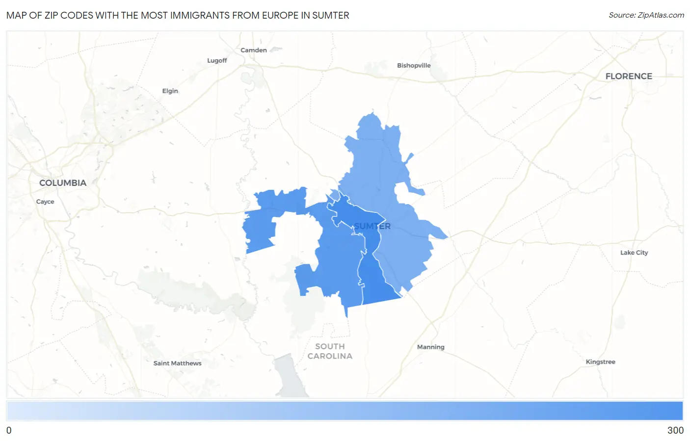 Zip Codes with the Most Immigrants from Europe in Sumter Map
