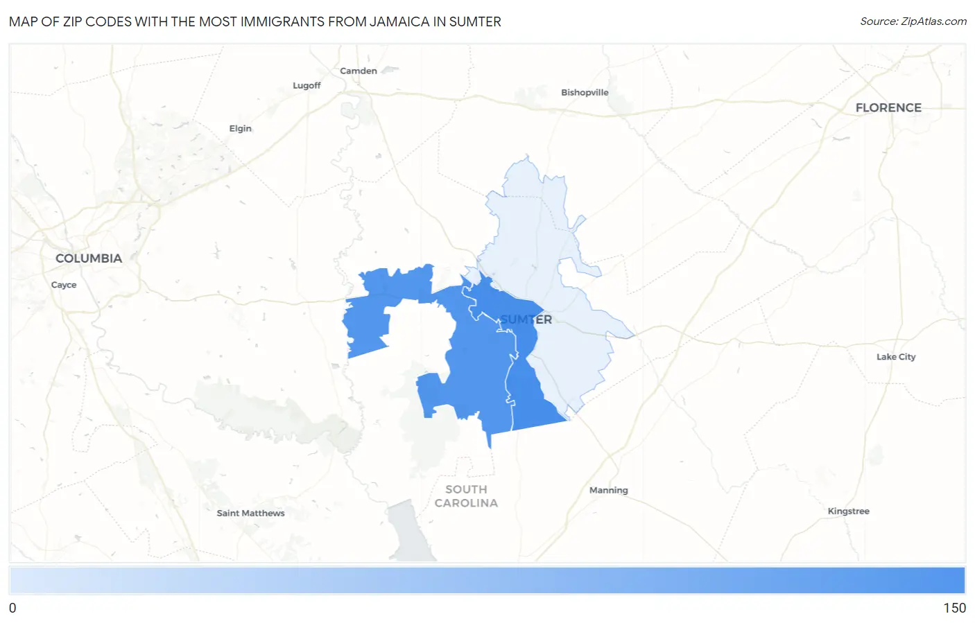 Zip Codes with the Most Immigrants from Jamaica in Sumter Map