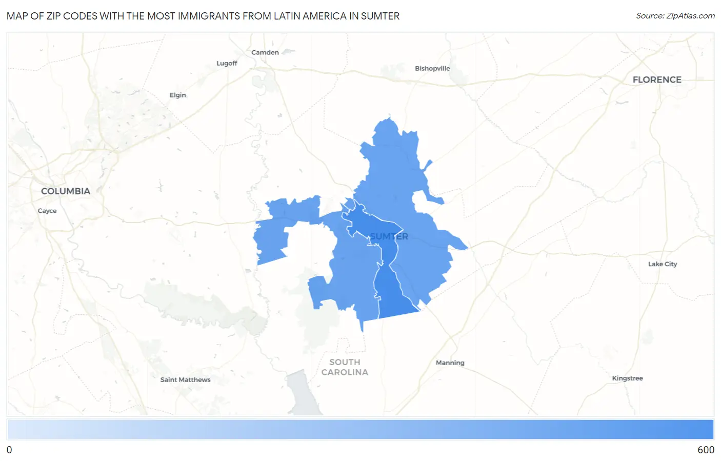 Zip Codes with the Most Immigrants from Latin America in Sumter Map