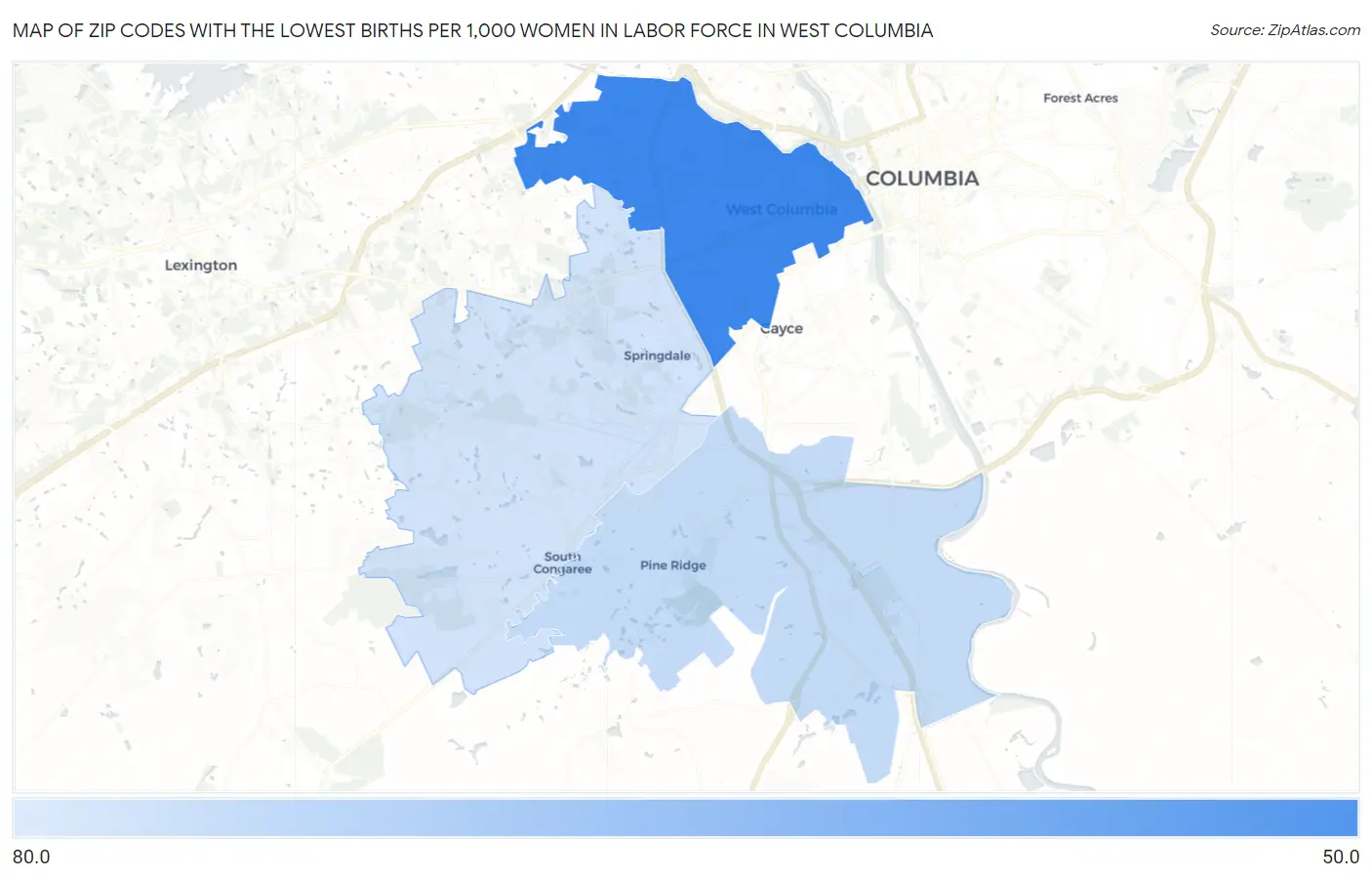 Zip Codes with the Lowest Births per 1,000 Women in Labor Force in West Columbia Map