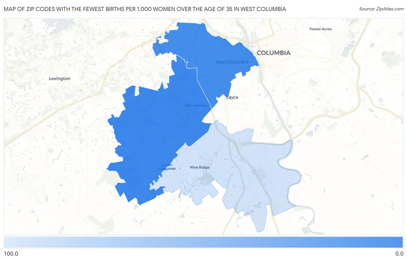Zip Codes with the Fewest Births per 1,000 Women Over the Age of 35 in West Columbia Map