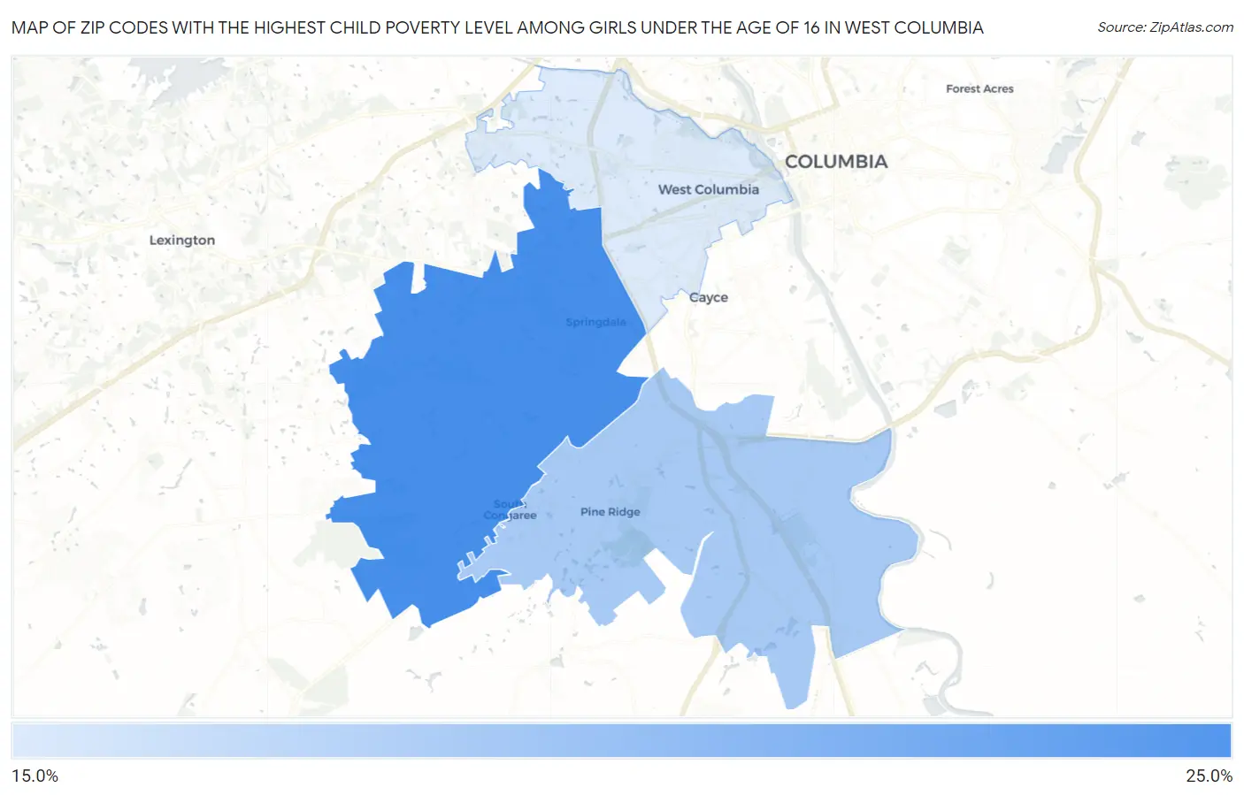 Zip Codes with the Highest Child Poverty Level Among Girls Under the Age of 16 in West Columbia Map