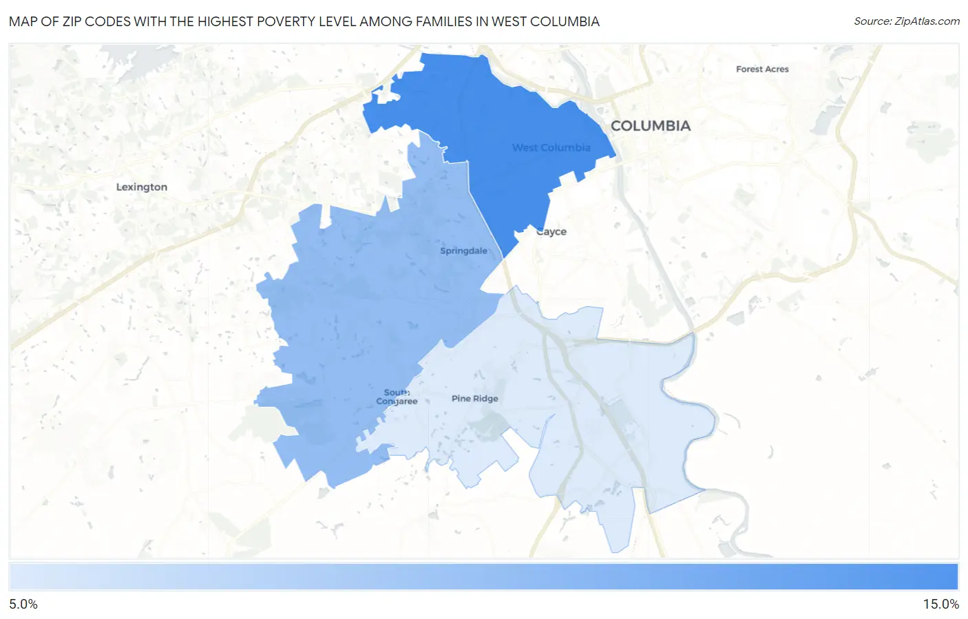 Zip Codes with the Highest Poverty Level Among Families in West Columbia Map