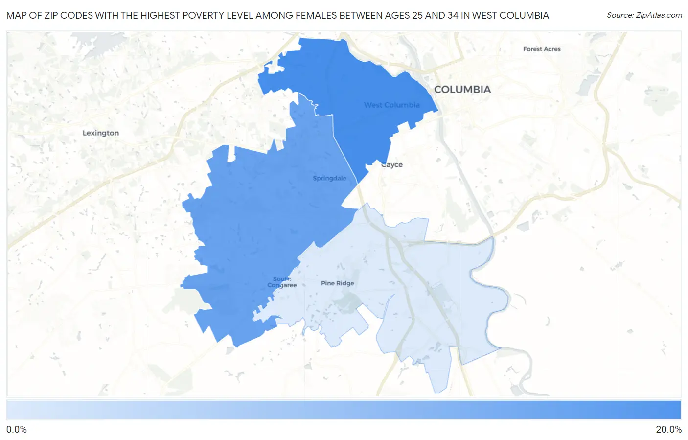 Zip Codes with the Highest Poverty Level Among Females Between Ages 25 and 34 in West Columbia Map