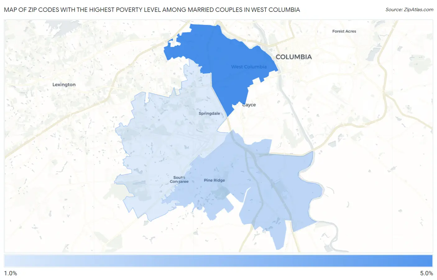 Zip Codes with the Highest Poverty Level Among Married Couples in West Columbia Map