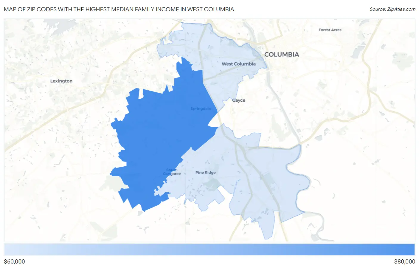 Zip Codes with the Highest Median Family Income in West Columbia Map