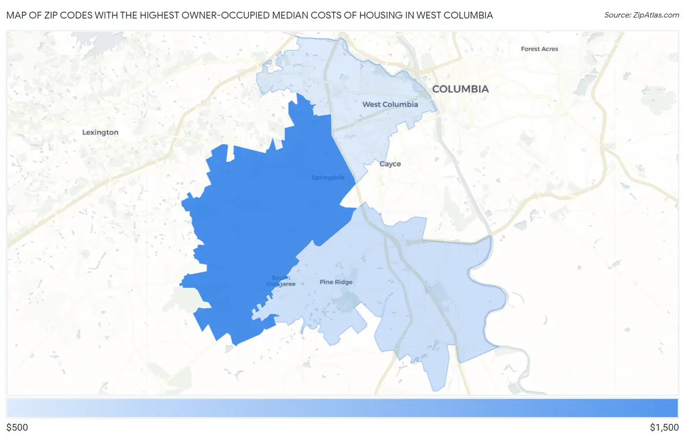Zip Codes with the Highest Owner-Occupied Median Costs of Housing in West Columbia Map