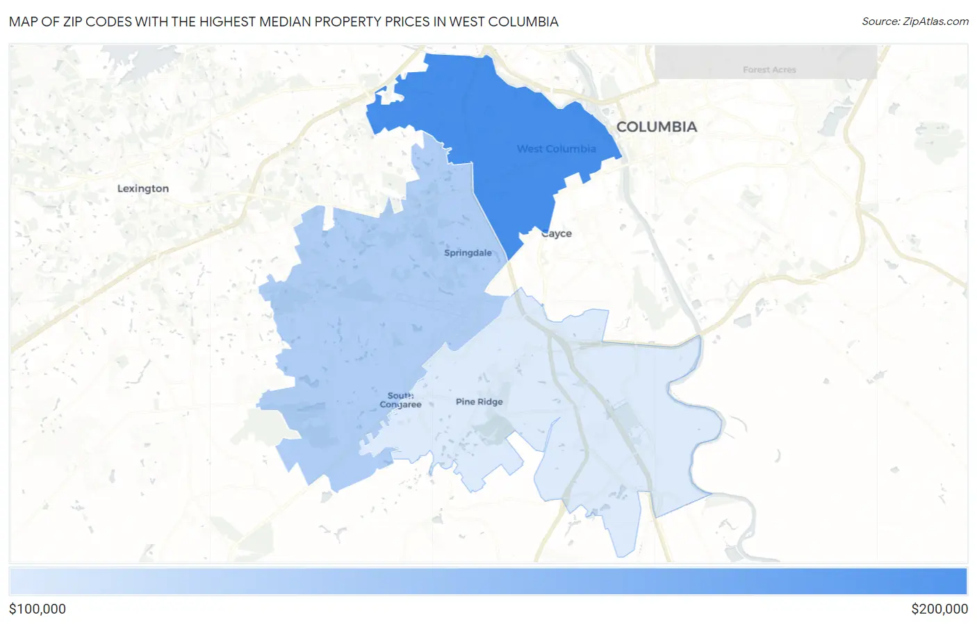 Zip Codes with the Highest Median Property Prices in West Columbia Map