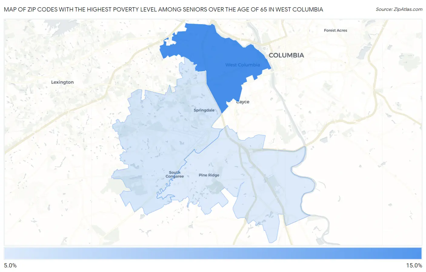 Zip Codes with the Highest Poverty Level Among Seniors Over the Age of 65 in West Columbia Map