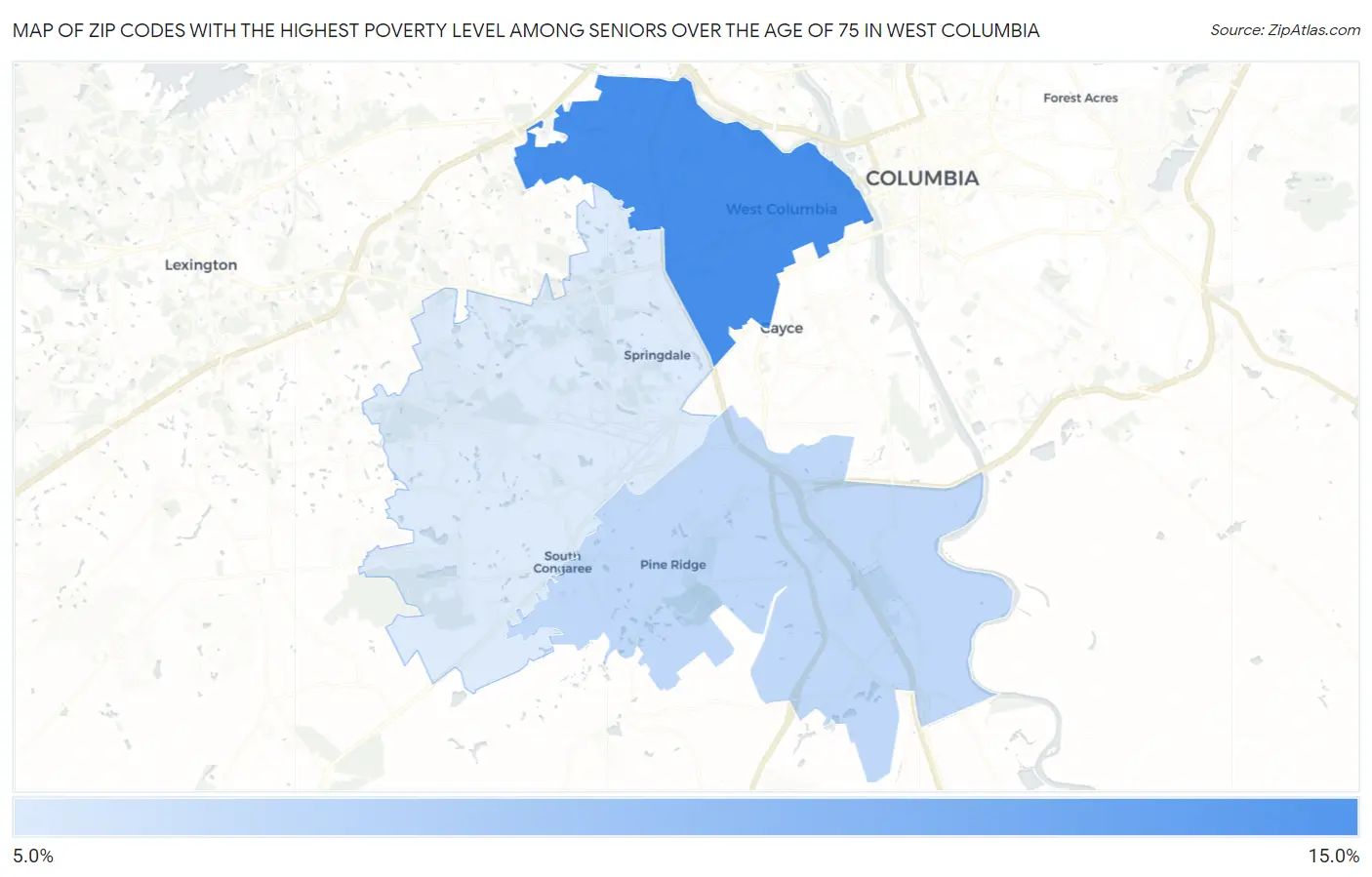 Zip Codes with the Highest Poverty Level Among Seniors Over the Age of 75 in West Columbia Map