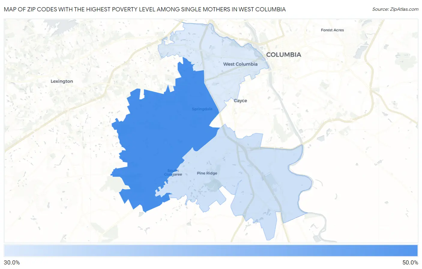 Zip Codes with the Highest Poverty Level Among Single Mothers in West Columbia Map