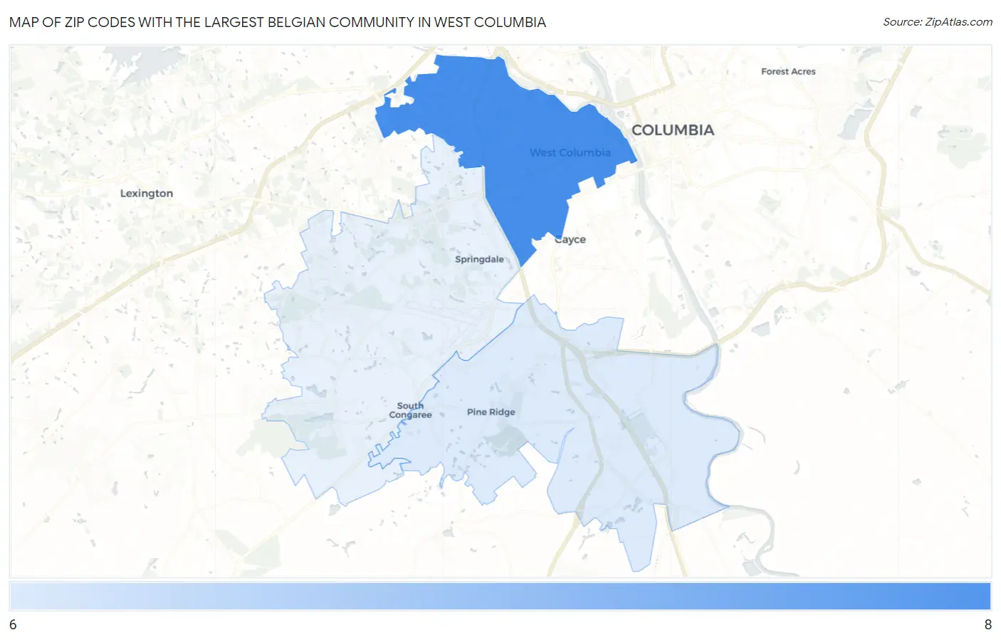 Zip Codes with the Largest Belgian Community in West Columbia Map
