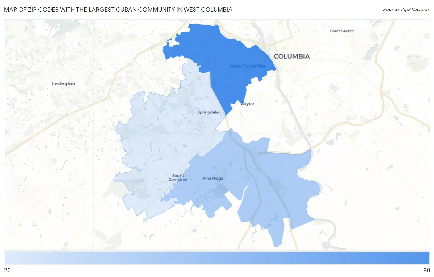 Zip Codes with the Largest Cuban Community in West Columbia Map