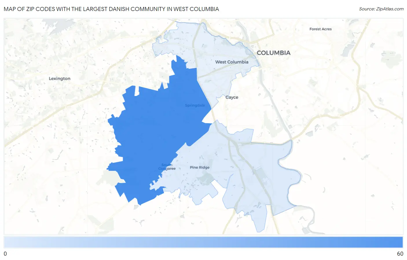 Zip Codes with the Largest Danish Community in West Columbia Map