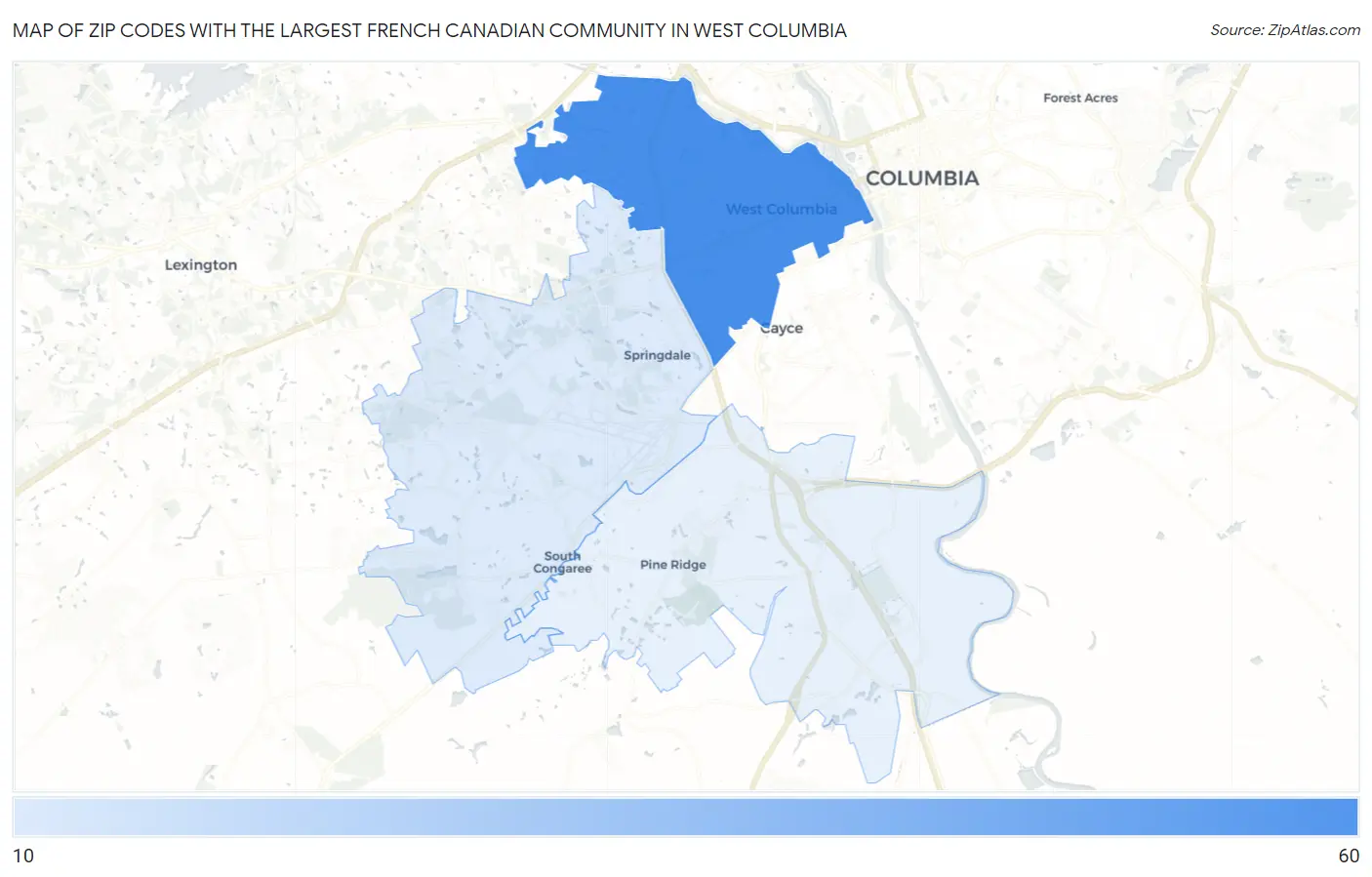 Zip Codes with the Largest French Canadian Community in West Columbia Map
