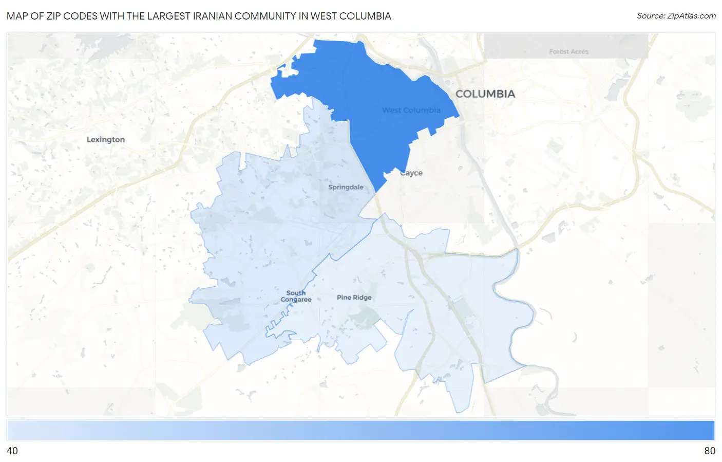 Zip Codes with the Largest Iranian Community in West Columbia Map