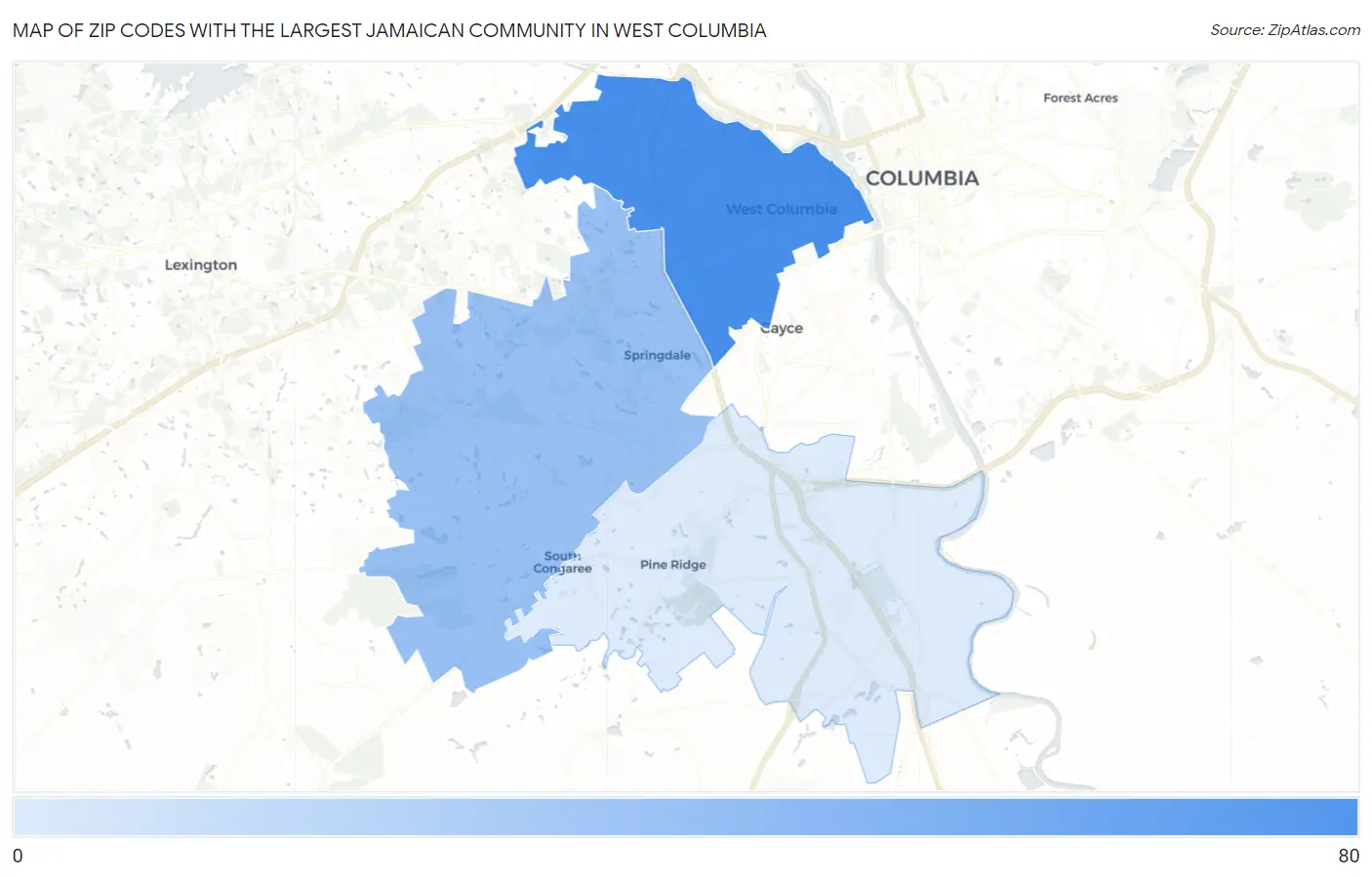 Zip Codes with the Largest Jamaican Community in West Columbia Map
