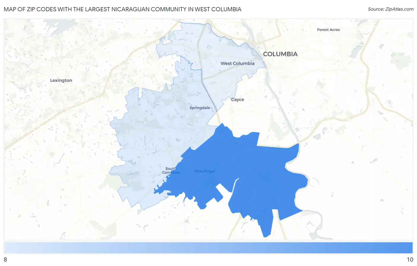 Zip Codes with the Largest Nicaraguan Community in West Columbia Map