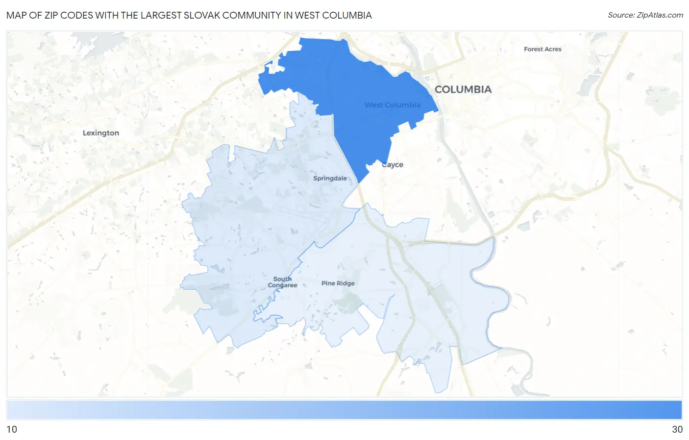 Zip Codes with the Largest Slovak Community in West Columbia Map