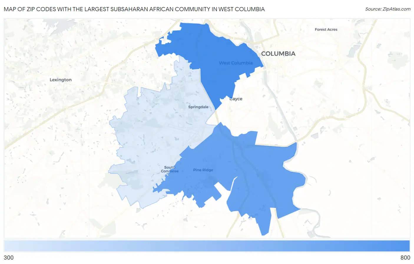 Zip Codes with the Largest Subsaharan African Community in West Columbia Map