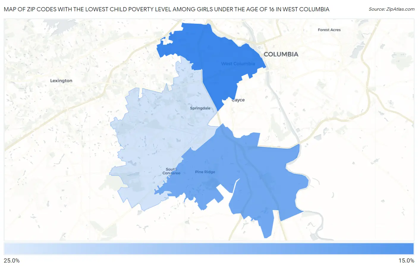 Zip Codes with the Lowest Child Poverty Level Among Girls Under the Age of 16 in West Columbia Map