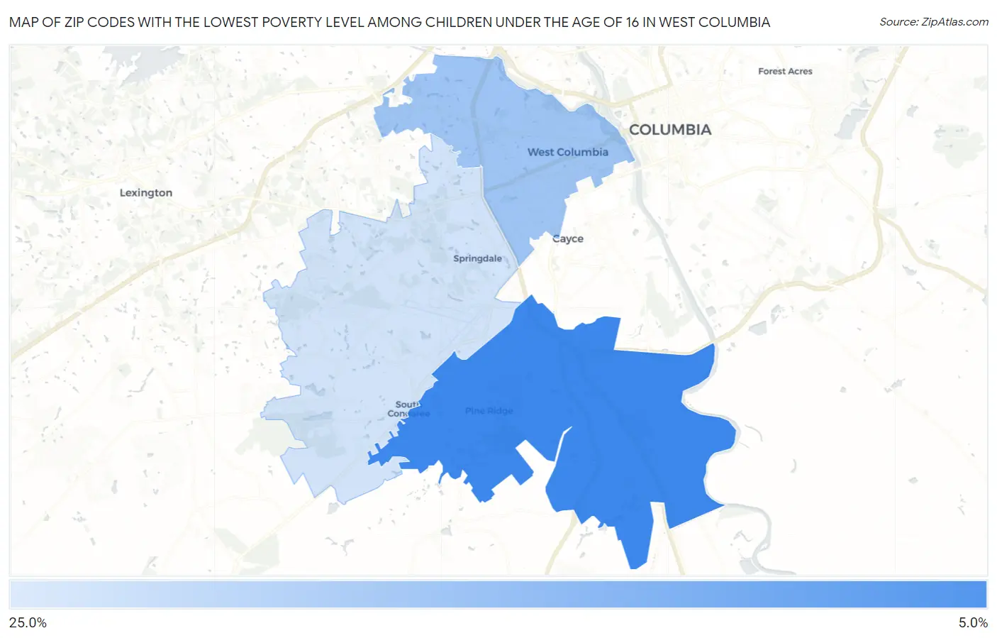 Zip Codes with the Lowest Poverty Level Among Children Under the Age of 16 in West Columbia Map