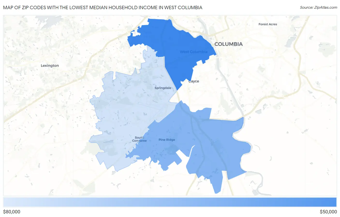 Zip Codes with the Lowest Median Household Income in West Columbia Map