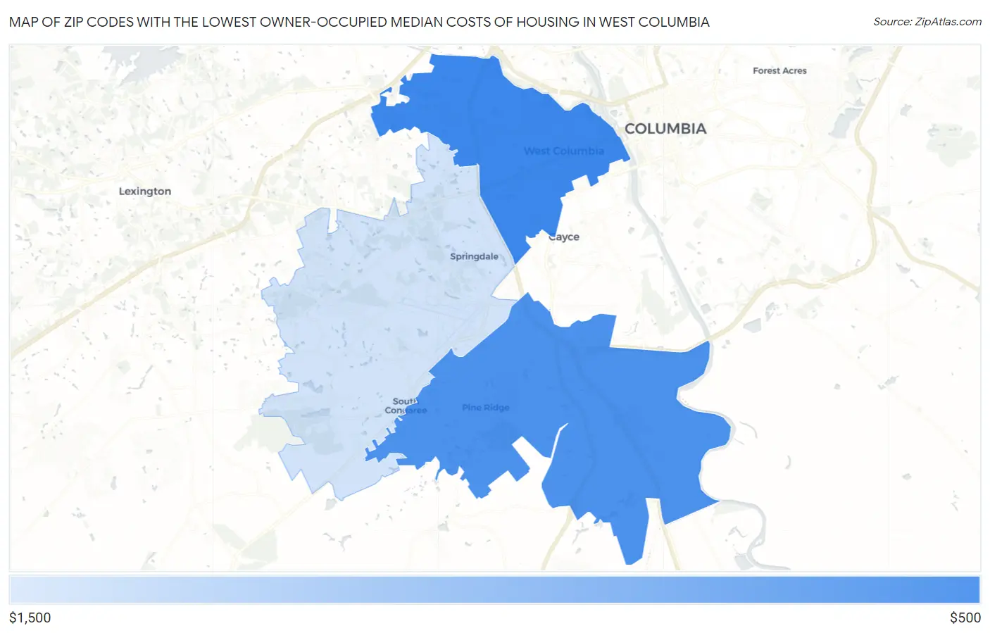 Zip Codes with the Lowest Owner-Occupied Median Costs of Housing in West Columbia Map