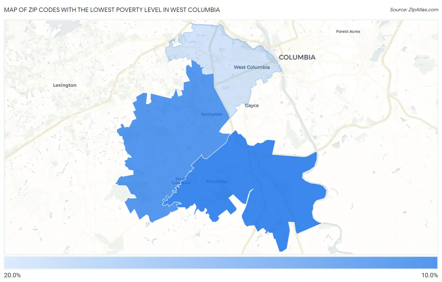 Zip Codes with the Lowest Poverty Level in West Columbia Map