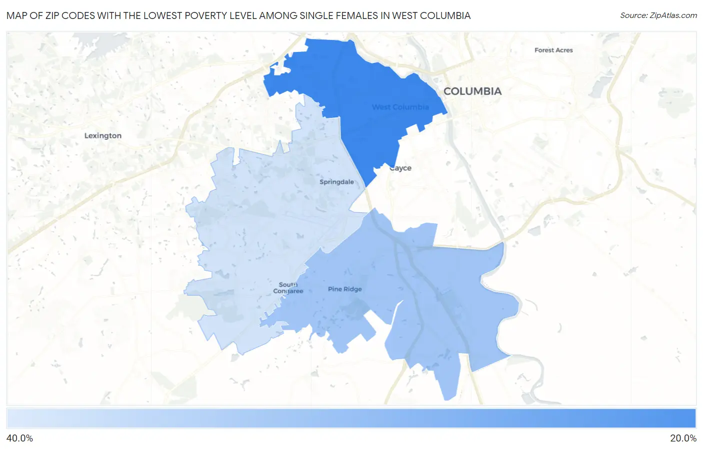 Zip Codes with the Lowest Poverty Level Among Single Females in West Columbia Map