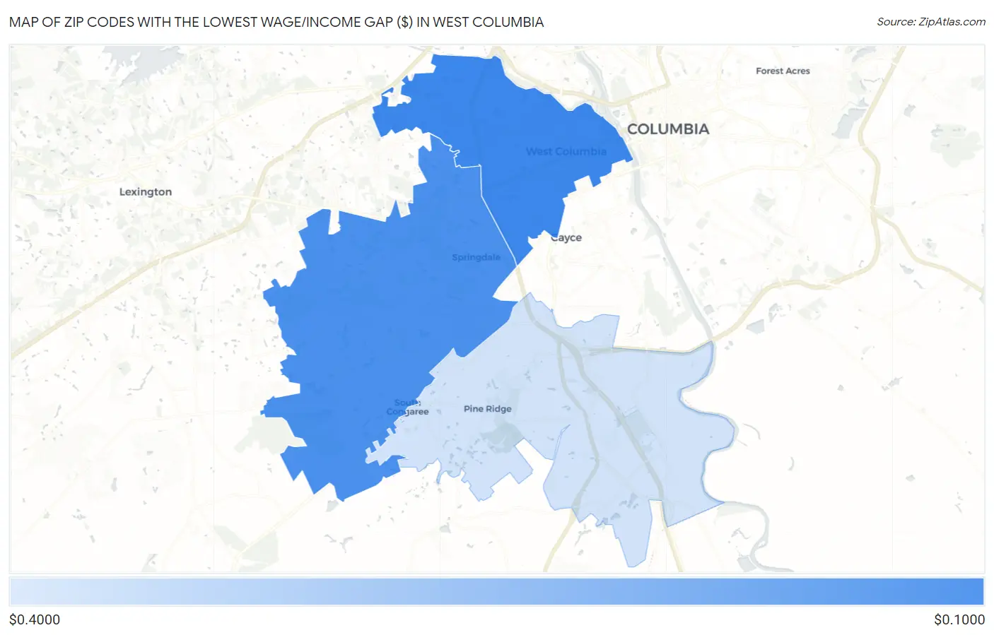 Zip Codes with the Lowest Wage/Income Gap ($) in West Columbia Map