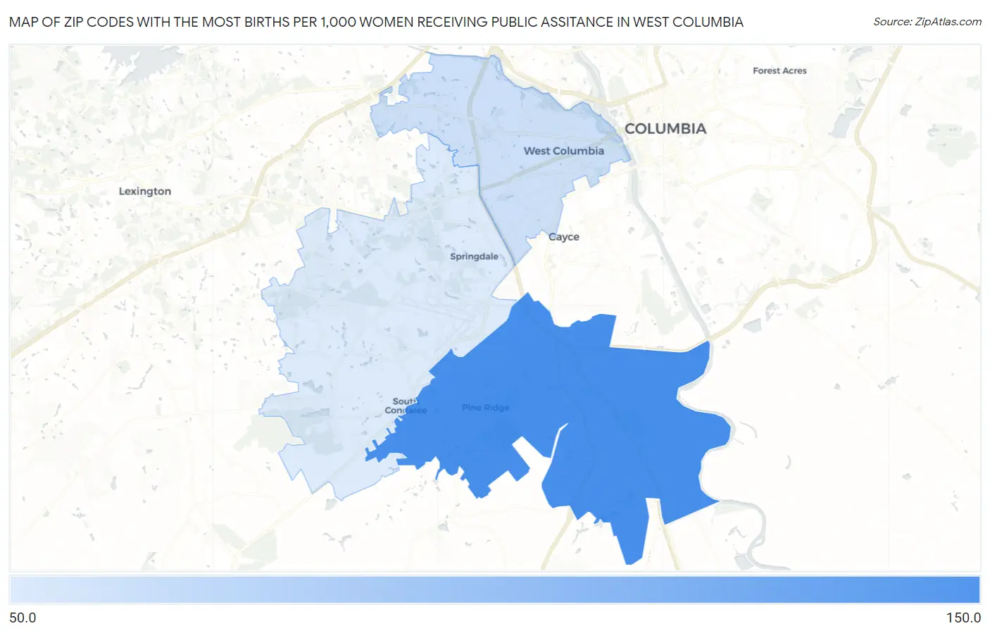 Zip Codes with the Most Births per 1,000 Women Receiving Public Assitance in West Columbia Map