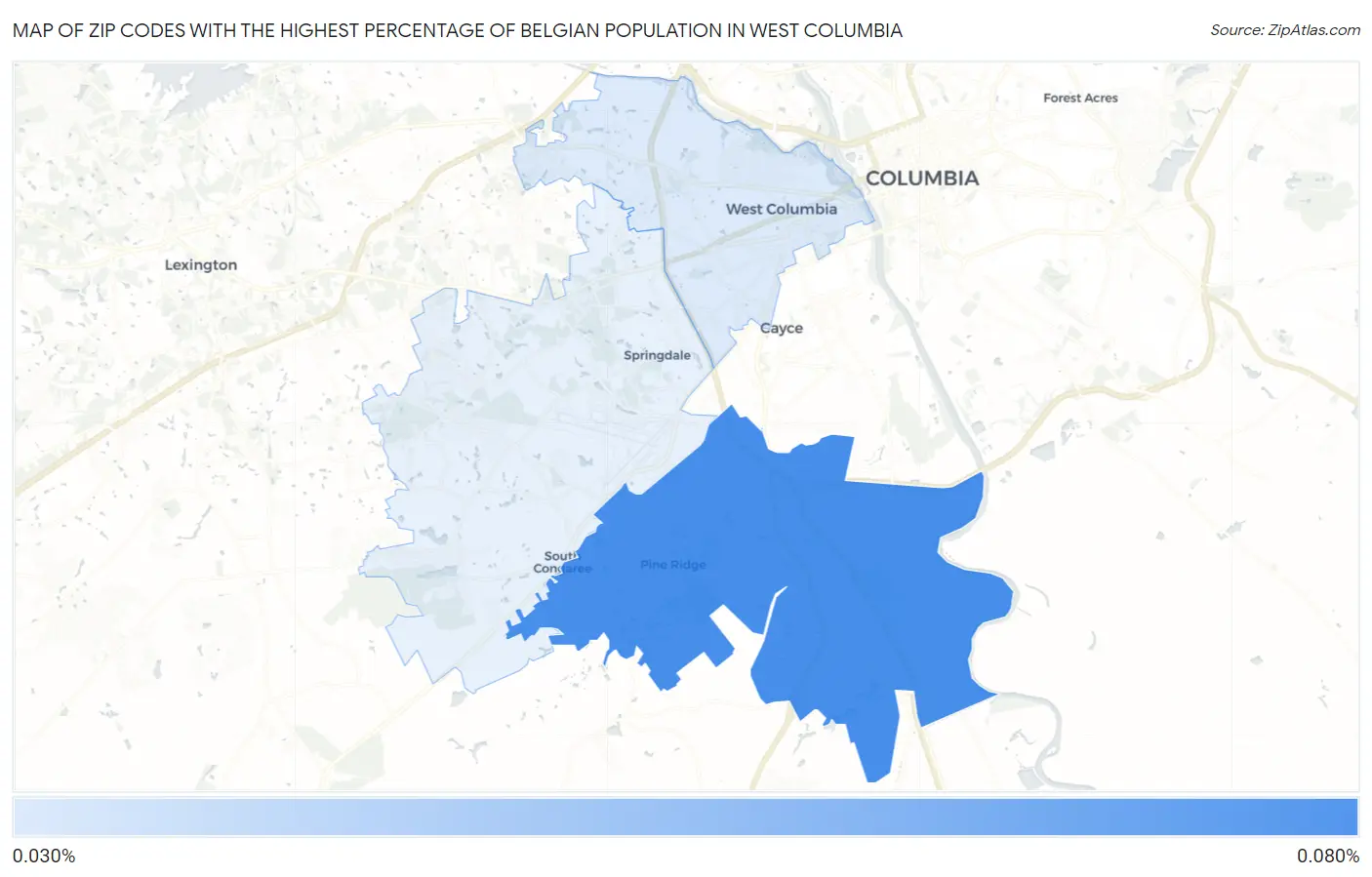 Zip Codes with the Highest Percentage of Belgian Population in West Columbia Map