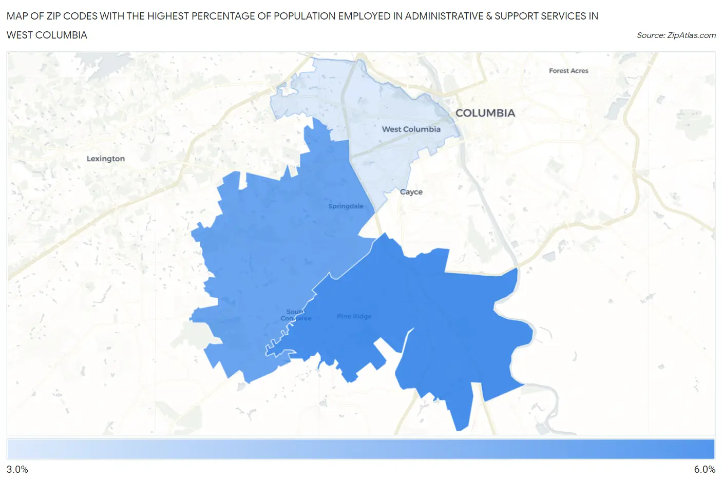 Zip Codes with the Highest Percentage of Population Employed in Administrative & Support Services in West Columbia Map
