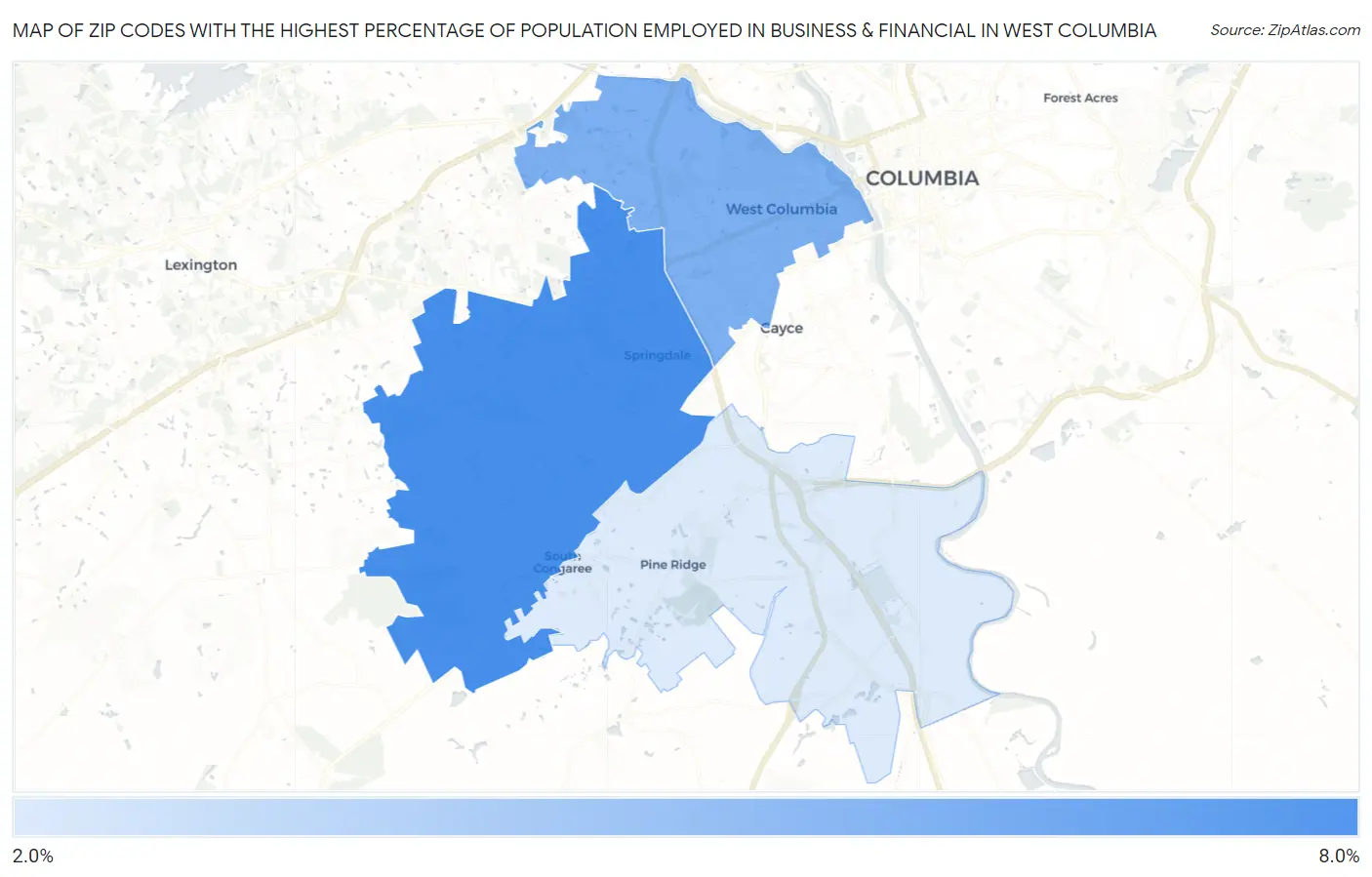 Zip Codes with the Highest Percentage of Population Employed in Business & Financial in West Columbia Map