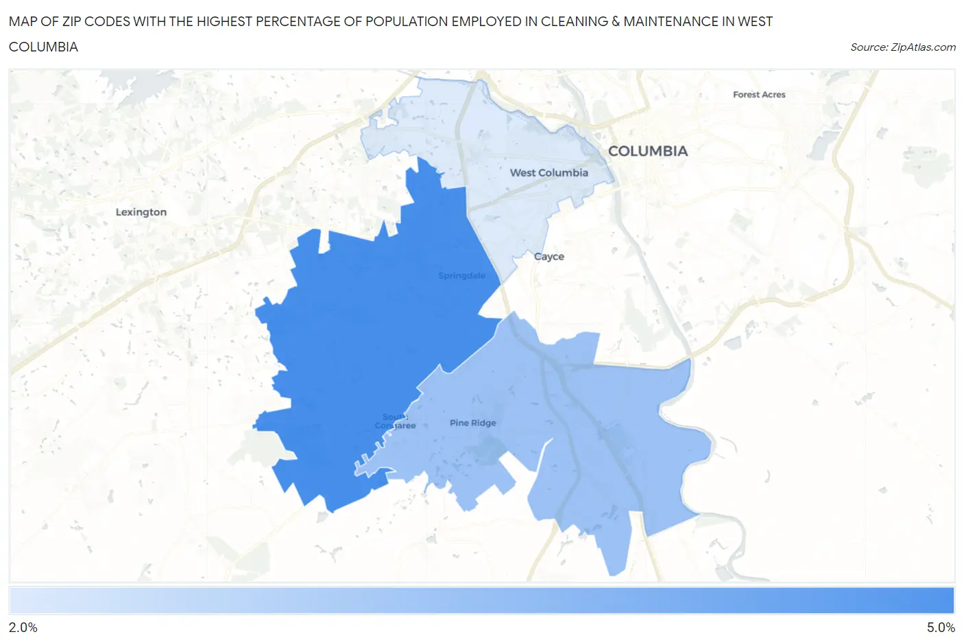Zip Codes with the Highest Percentage of Population Employed in Cleaning & Maintenance in West Columbia Map