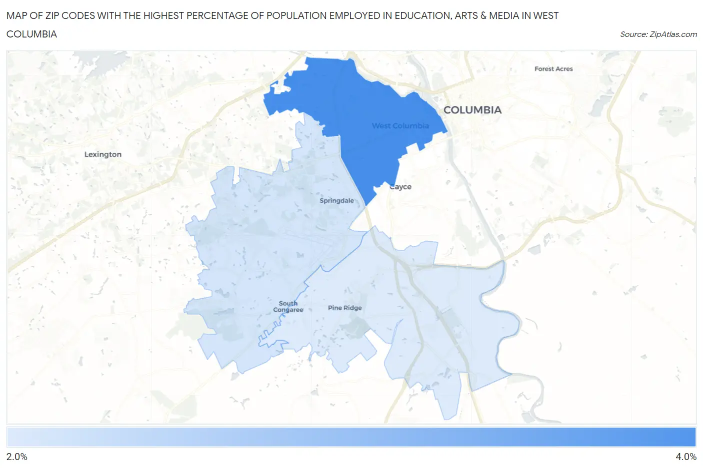 Zip Codes with the Highest Percentage of Population Employed in Education, Arts & Media in West Columbia Map