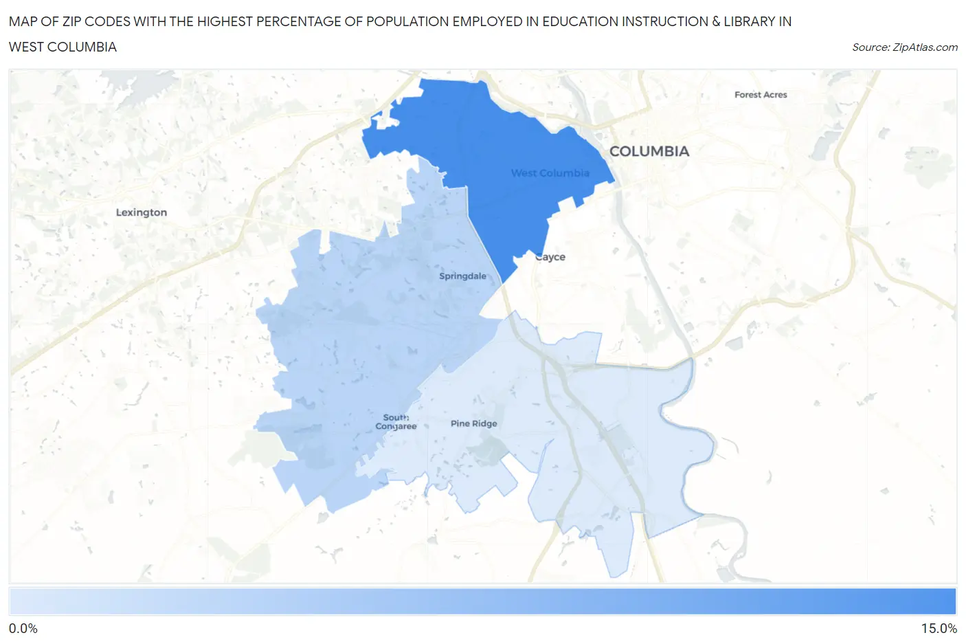 Zip Codes with the Highest Percentage of Population Employed in Education Instruction & Library in West Columbia Map
